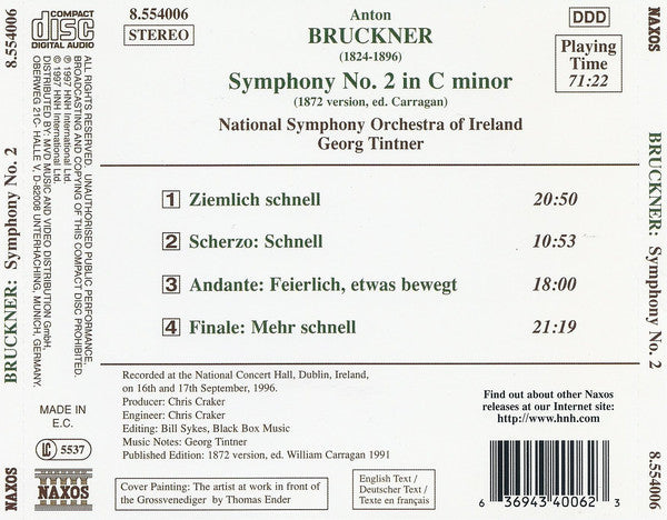 Anton Bruckner - National Symphony Orchestra Of Ireland, Georg Tintner : Symphony No. 2 (1872 Version) (CD)