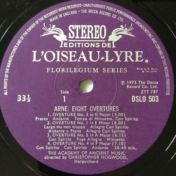 Thomas Arne - The Academy Of Ancient Music : Eight Overtures (LP)