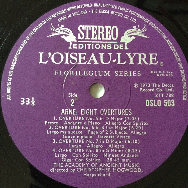 Thomas Arne - The Academy Of Ancient Music : Eight Overtures (LP)