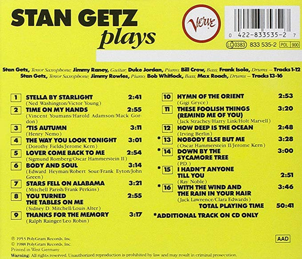 Stan Getz : Stan Getz Plays (CD, Album, RE)