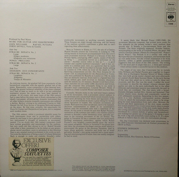 John Williams (7), Rafael Puyana : Music For Guitar And Harpsichord By Straube, Ponce, And Dodgson (LP, Album)