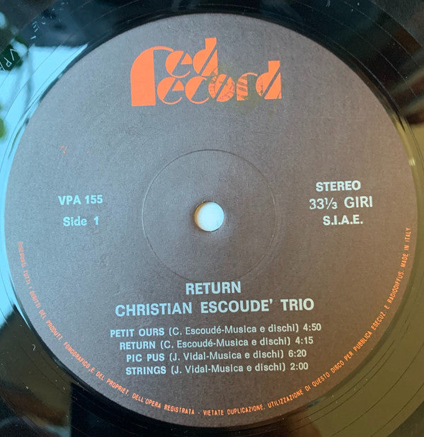 Christian Escoudé Trio : Return (LP, Album)