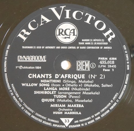 Miriam Makeba : Chants D'Afrique No 2 (LP, Album, Mono)