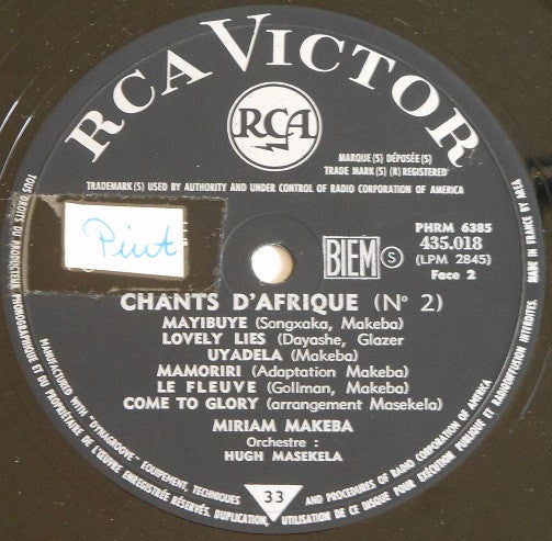 Miriam Makeba : Chants D'Afrique No 2 (LP, Album, Mono)