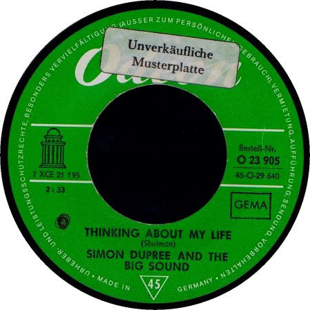 Simon Dupree And The Big Sound : Thinking About My Life / Velvet And Lace (7", Single)