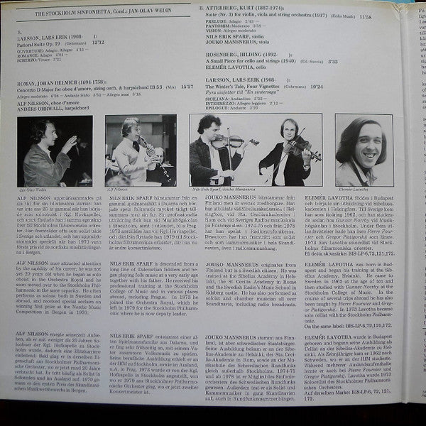 Lars-Erik Larsson, Johan Helmich Roman, Kurt Atterberg, Hilding Rosenberg, Stockholm Sinfonietta, Jan-Olav Wedin, Alf Nilsson, Nils-Erik Sparf, Jouko Mansnerus, Elemér Lavotha : A Swedish Pastorale (Pastoral Suite - A Winter's Tale / Concerto For Oboe D'Amore / Suite No. 3 / Piece For Cello & Strings) (LP, Album, Gat)