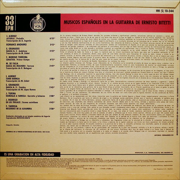Ernesto Bitetti : Musicos Españoles En La Guitarra De Ernesto Bitetti (LP, Album)