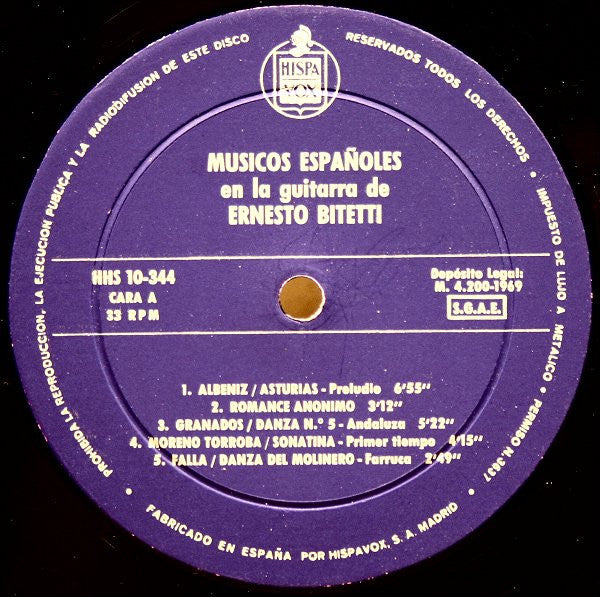 Ernesto Bitetti : Musicos Españoles En La Guitarra De Ernesto Bitetti (LP, Album)