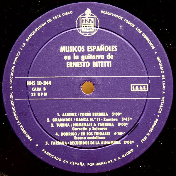 Ernesto Bitetti : Musicos Españoles En La Guitarra De Ernesto Bitetti (LP, Album)