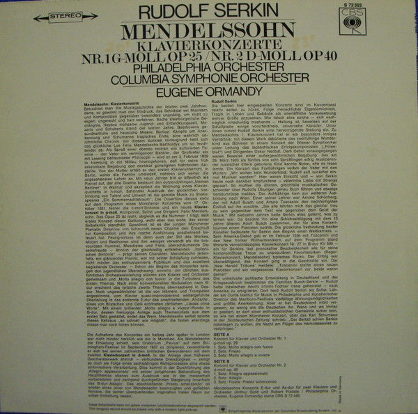 Felix Mendelssohn-Bartholdy, Rudolf Serkin, The Philadelphia Orchestra, Columbia Symphony Orchestra, Eugene Ormandy : Klavierkonzerte Nr. 1 G-moll Op 25 / Nr. 2 D-moll Op 40 (LP)