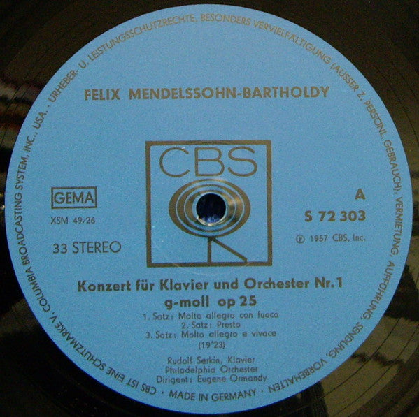 Felix Mendelssohn-Bartholdy, Rudolf Serkin, The Philadelphia Orchestra, Columbia Symphony Orchestra, Eugene Ormandy : Klavierkonzerte Nr. 1 G-moll Op 25 / Nr. 2 D-moll Op 40 (LP)