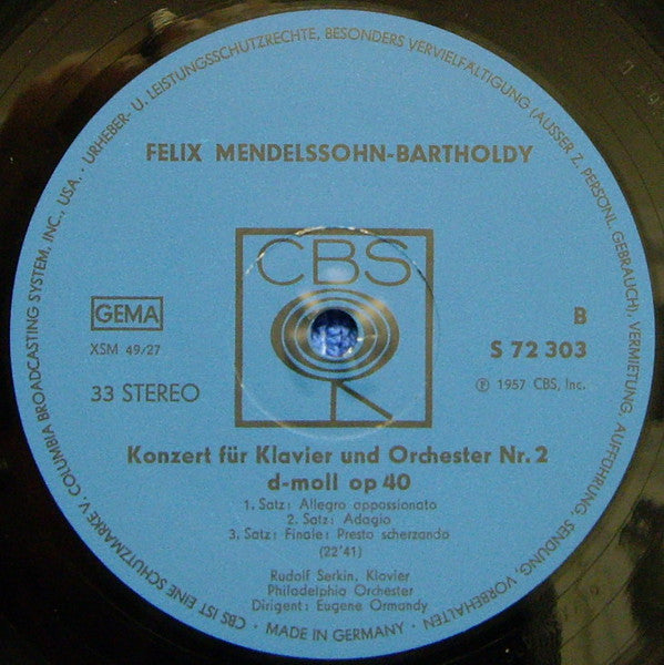 Felix Mendelssohn-Bartholdy, Rudolf Serkin, The Philadelphia Orchestra, Columbia Symphony Orchestra, Eugene Ormandy : Klavierkonzerte Nr. 1 G-moll Op 25 / Nr. 2 D-moll Op 40 (LP)