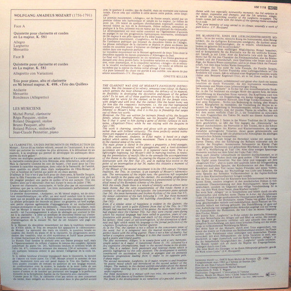 Wolfgang Amadeus Mozart, Michel Portal, Jean-Claude Pennetier, Régis Pasquier, Roland Daugareil, Bruno Pasquier, Roland Pidoux : Quintette Pour Clarinette Et Cordes K.581 - Trio Pour Clarinette, Alto Et Piano K.498 (LP)
