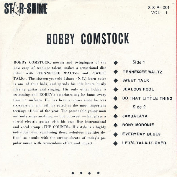 Bobby Comstock : Tennessee Waltz / Jambalaya (7", MiniAlbum)