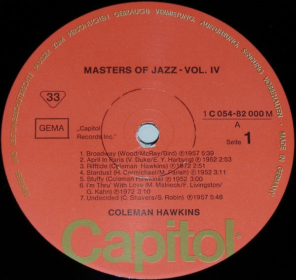Coleman Hawkins : Masters Of Jazz 4 (LP, Comp, Mono)