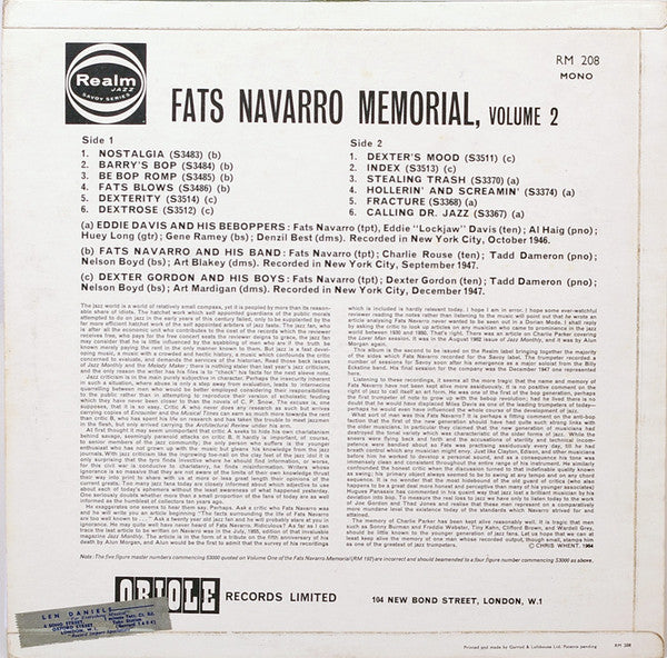 Fats Navarro : Fats Navarro Memorial Volume 2 (LP, Comp, RE)
