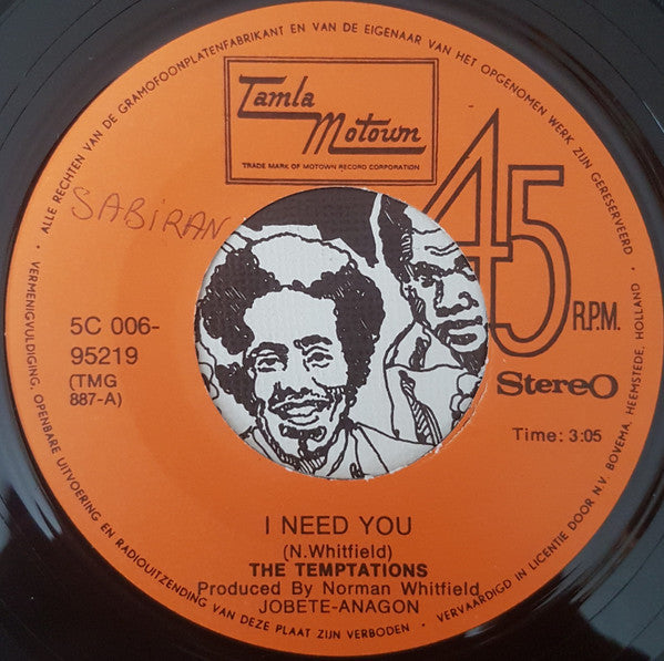 The Temptations : I Need You (7", Single)