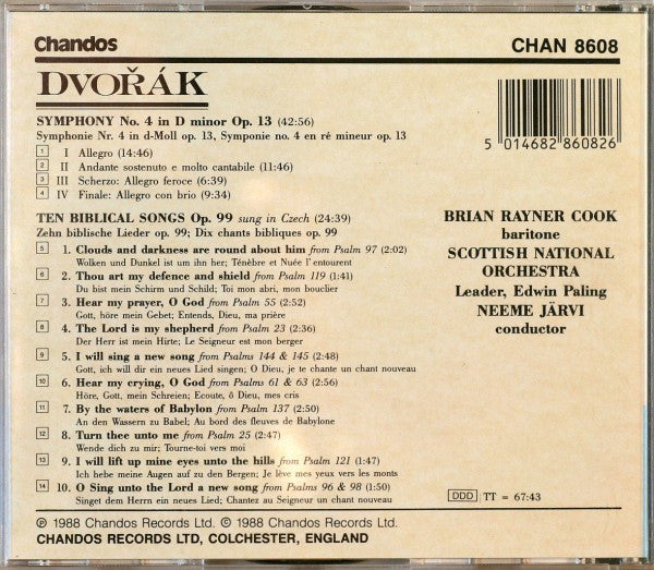 Antonín Dvořák - Brian Rayner Cook, Royal Scottish National Orchestra, Neeme Järvi : Symphony No.4 In D Minor Op. 13 / Biblical Songs Song Cycle For Baritone & Orchestra Op. 99 (CD)