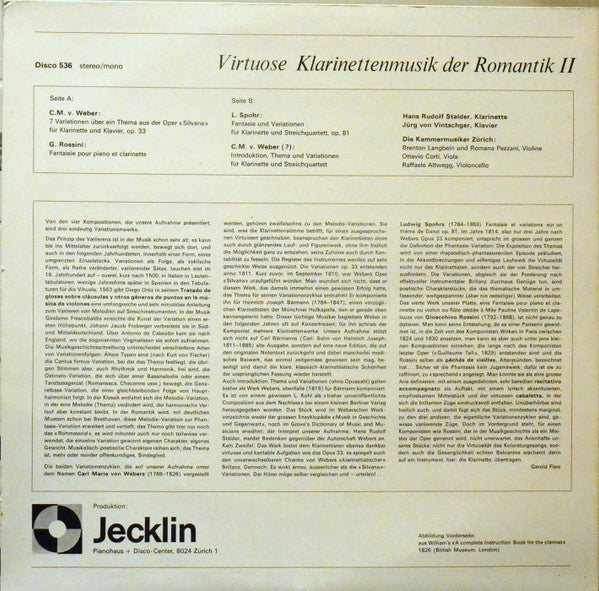 Carl Maria Von Weber, Gioacchino Rossini, Louis Spohr, Hans-Rudolf Stalder, Hansjürg Leuthold, Jürg Von Vintschger, Die Kammermusiker Zürich : Virtuose Klarinettenmusik Der Romantik II: Weber-Spohor-Rossini Fantasien und Variationen (LP)