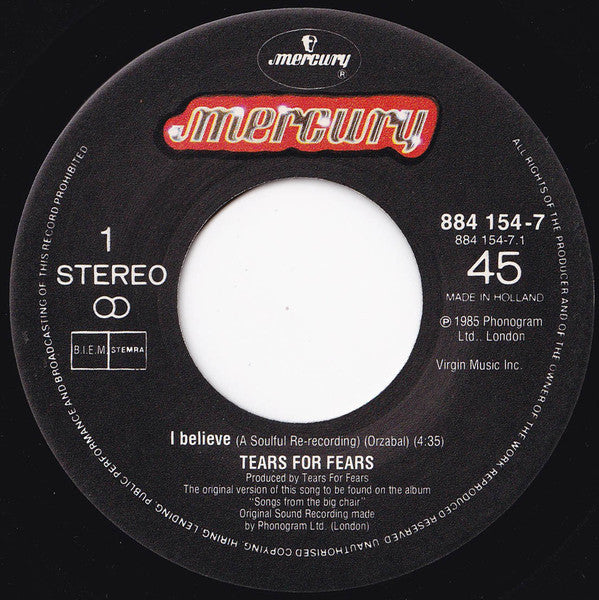 Tears For Fears : I Believe (A Soulful Re-Recording) (7", Single)