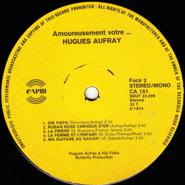 Hugues Aufray : Amoureusement Votre ... (LP, Album)