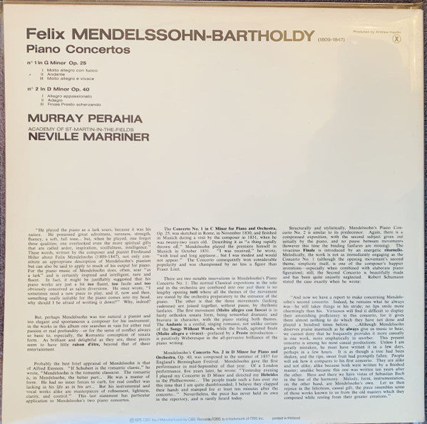 Felix Mendelssohn-Bartholdy, Murray Perahia, The Academy Of St. Martin-in-the-Fields, Sir Neville Marriner : Piano Concertos Nos 1 & 2 (LP, Gat)