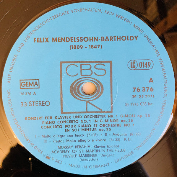 Felix Mendelssohn-Bartholdy, Murray Perahia, The Academy Of St. Martin-in-the-Fields, Sir Neville Marriner : Piano Concertos Nos 1 & 2 (LP, Gat)