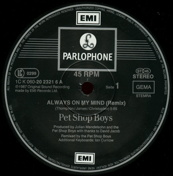 Pet Shop Boys : Always On My Mind (Remix) (12", Single)