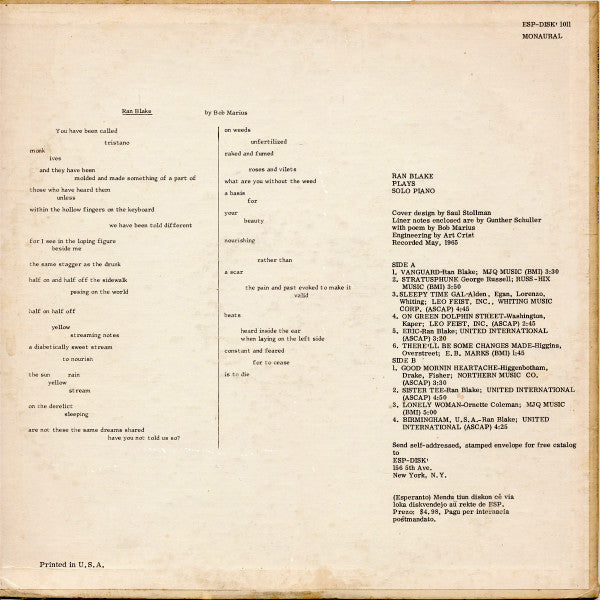 Ran Blake : Plays Solo Piano (LP, Album, Mono)