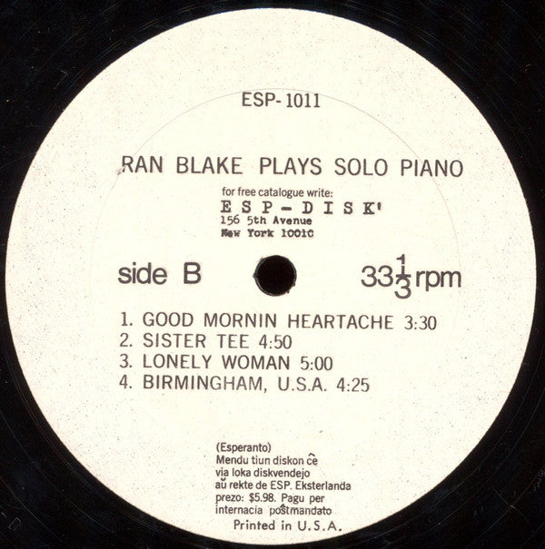 Ran Blake : Plays Solo Piano (LP, Album, Mono)