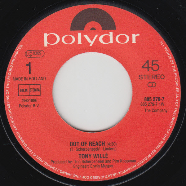 Tony Willé (2) : Out Of Reach (7", Single)
