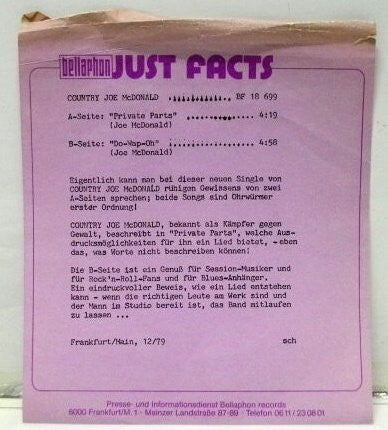Country Joe McDonald : Private Parts (7")