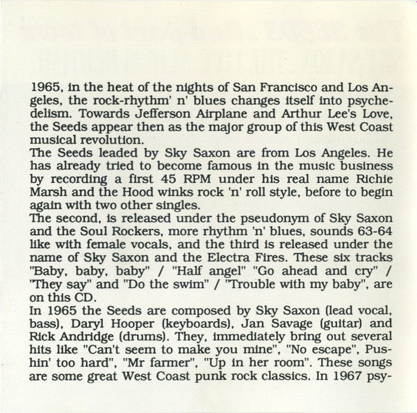 The Seeds / Sky Saxon : Bad Part Of Town / The Live Album Bedtime (CD, Comp, RE)