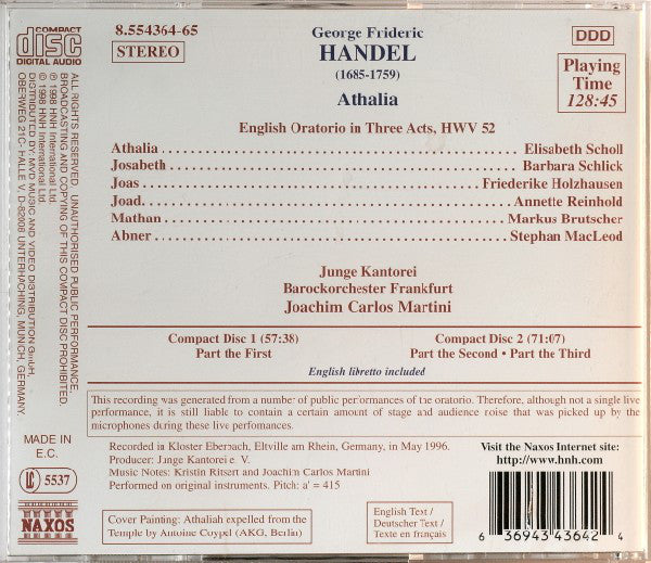 Georg Friedrich Händel - Elisabeth Scholl • Barbara Schlick • Friederike Holzhausen • Annette Reinhold • Markus Brutscher • Stephan MacLeod • Junge Kantorei • Barockorchester Frankfurt, Joachim Carlos Martini : Athalia (English Oratorio In Three Acts) (2xCD)
