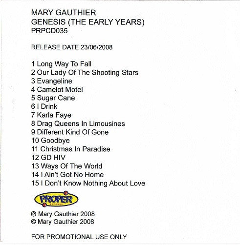 Mary Gauthier : Genesis (The Early Years) (CD, Album, Promo)