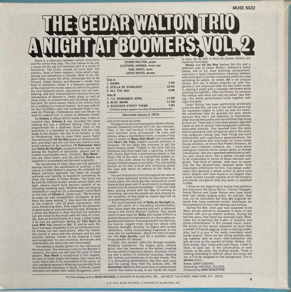 Cedar Walton Trio Special Guest Star Clifford Jordan : A Night At Boomers, Vol. 2 (LP, Album, Pre)