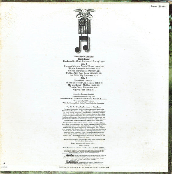 Hank Snow : Award Winners (LP, Album)