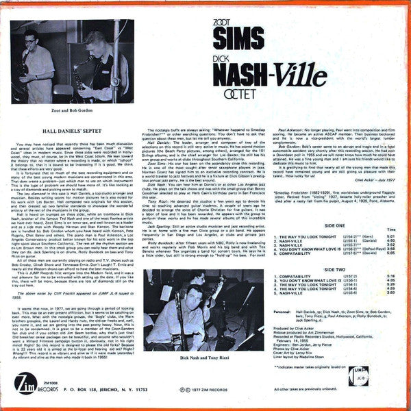 Zoot Sims/Dick Nash Octet : Nash-Ville (LP, Album, Mono, RE)