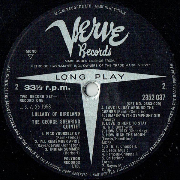 The George Shearing Quintet : Lullaby Of Birdland (2xLP, Album, Comp, Mono)