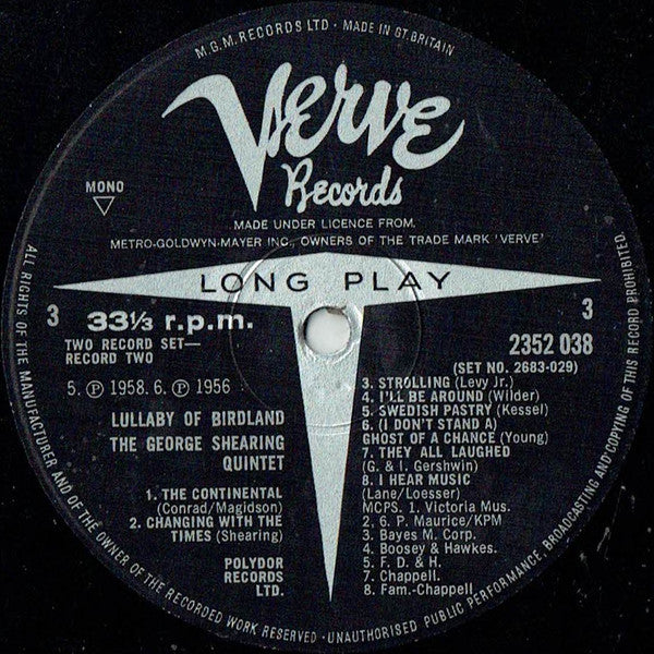 The George Shearing Quintet : Lullaby Of Birdland (2xLP, Album, Comp, Mono)