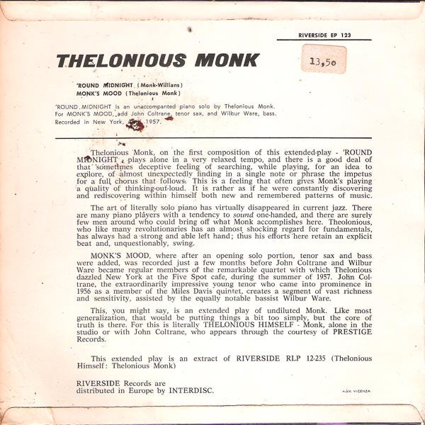 Thelonious Monk : 'Round About Midnight (7", EP)