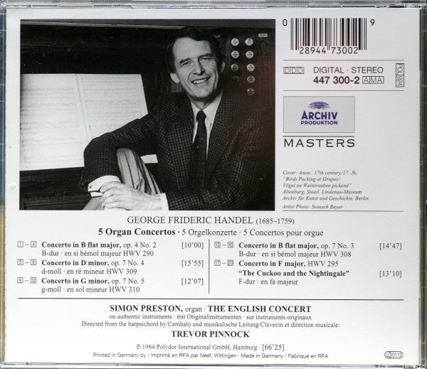 Georg Friedrich Händel - Simon Preston ∙ The English Concert ∙ Trevor Pinnock : 5 Organ Concertos "The Cuckoo And The Nightingale" (CD, Comp, RM)