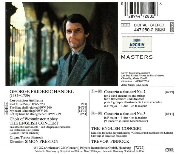 Georg Friedrich Händel – The Choir Of Westminster Abbey, Simon Preston, The English Concert, Trevor Pinnock : Coronation Anthems / Concerti A Due Cori (CD, Comp, RM)