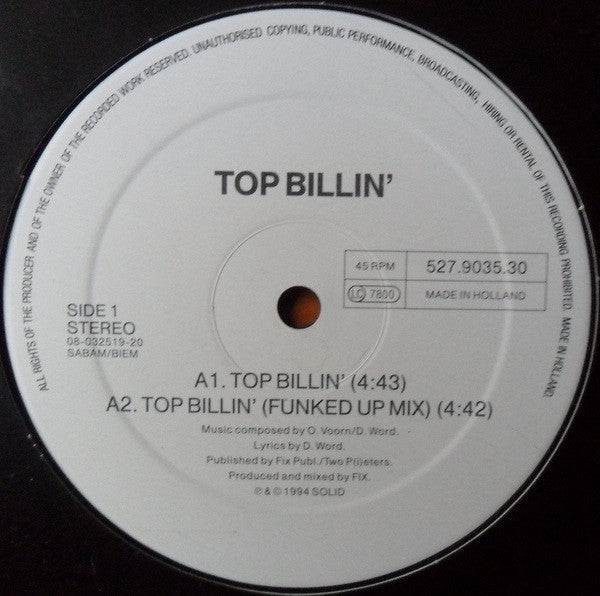 Top Billin' (3) Feat. D-word And Fix : Top Billin'  (12")