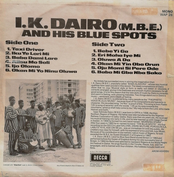 I.K. Dairo & His Blue Spots : I.K. Dairo (M.B.E) And His Blue Spots  (LP, Album, Mono)