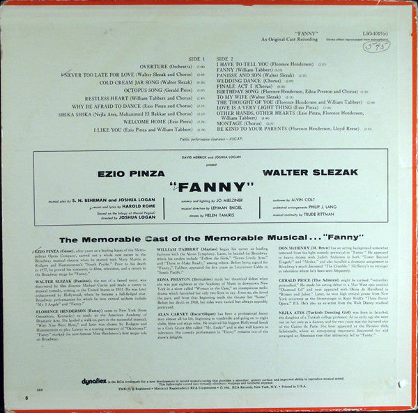 Ezio Pinza, Walter Slezak : Fanny (Original Cast Recording) (LP, Album, RE)