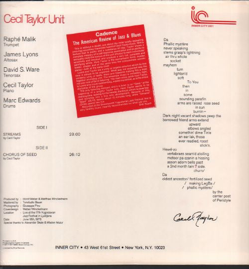 The Cecil Taylor Unit : Dark To Themselves (LP, Album)