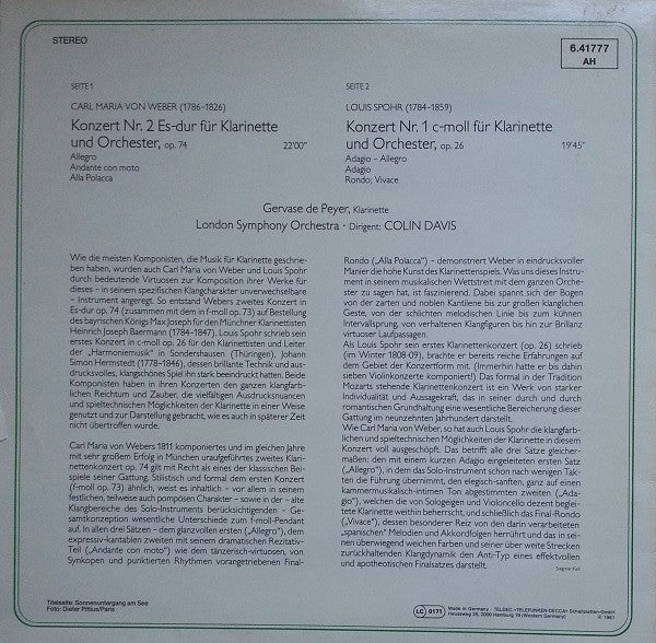 Gervase de Peyer, London Symphony Orchestra, Sir Colin Davis, Carl Maria von Weber, Louis Spohr : Klarinettenkonzert Nr. 2 Es-Dur / Klarinettenkonzert Nr. 1 C-Moll (LP, RE)
