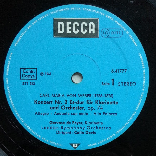 Gervase de Peyer, London Symphony Orchestra, Sir Colin Davis, Carl Maria von Weber, Louis Spohr : Klarinettenkonzert Nr. 2 Es-Dur / Klarinettenkonzert Nr. 1 C-Moll (LP, RE)