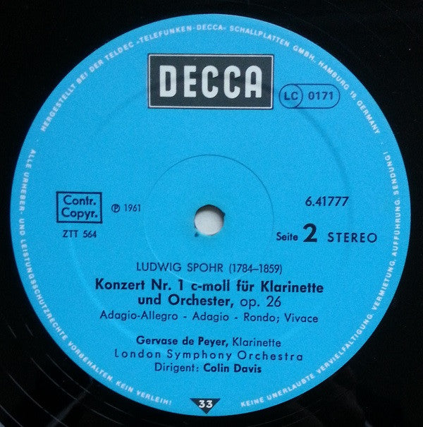 Gervase de Peyer, London Symphony Orchestra, Sir Colin Davis, Carl Maria von Weber, Louis Spohr : Klarinettenkonzert Nr. 2 Es-Dur / Klarinettenkonzert Nr. 1 C-Moll (LP, RE)